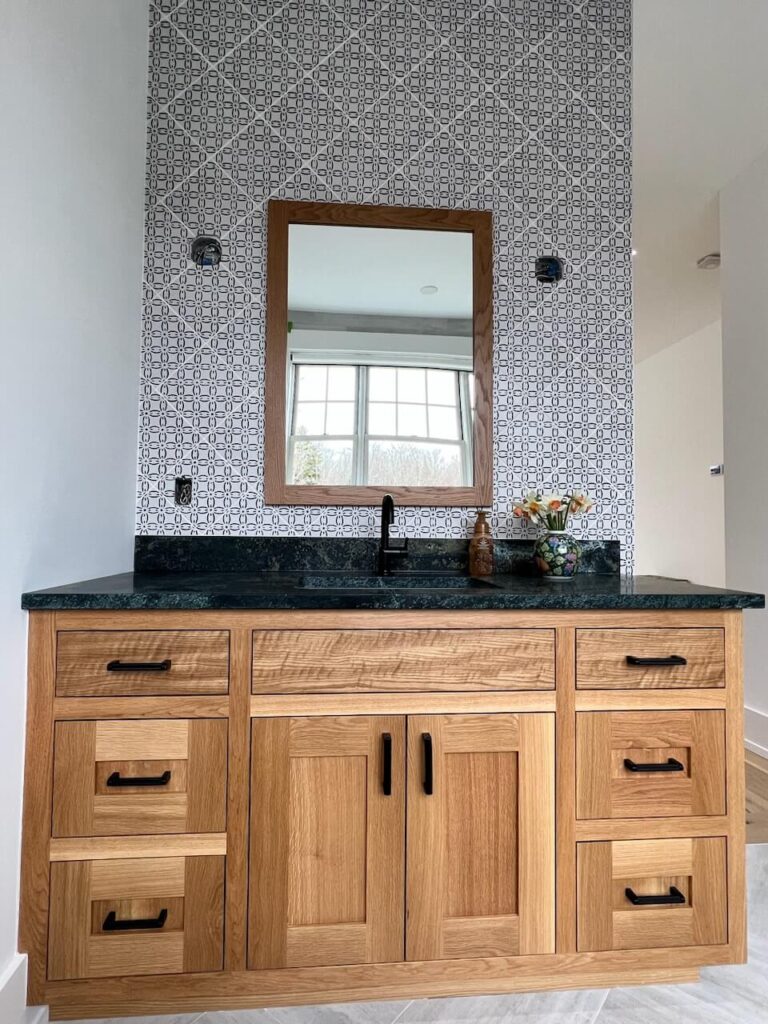 Shot of bathroom sink from the recent custom cabinet project in Quispamsis, New Brunswick.